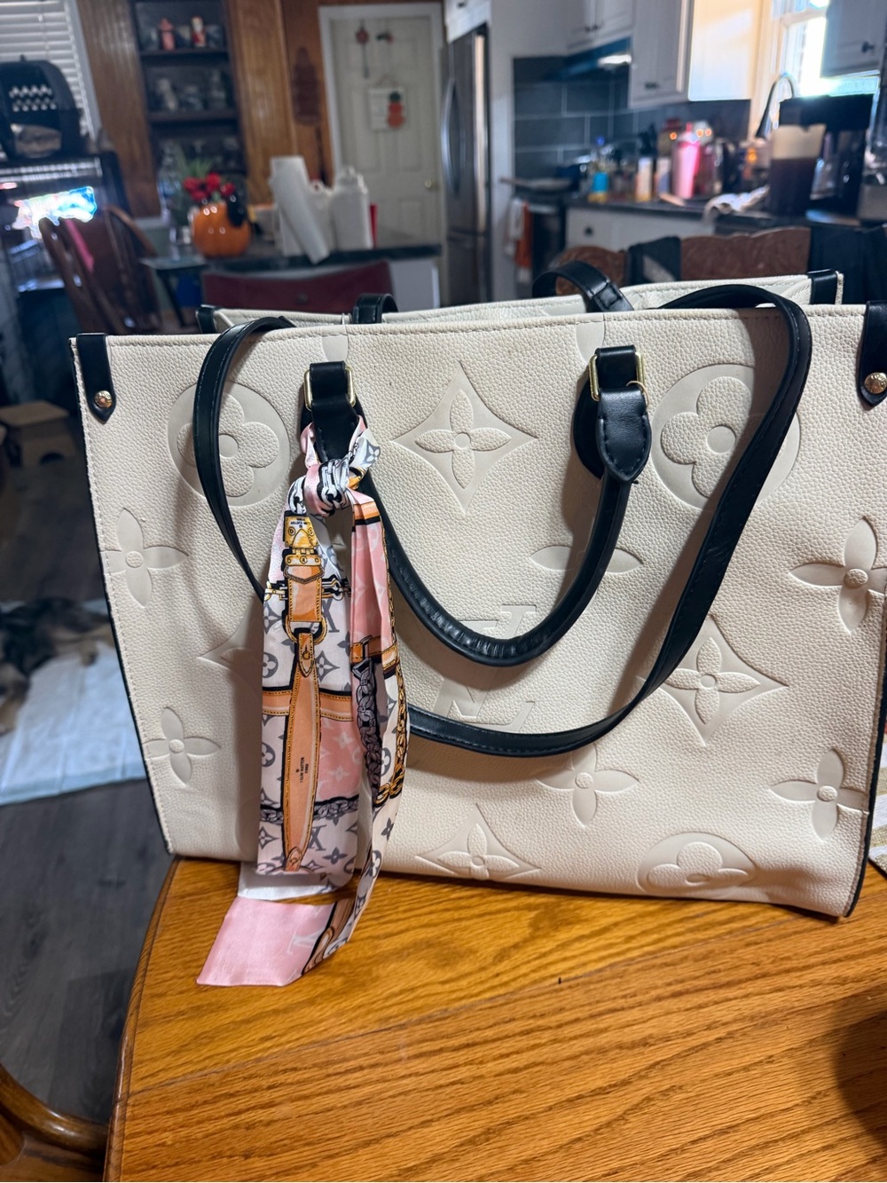 Luxury Cream Leather Tote with Black Handles and Pink Scarf